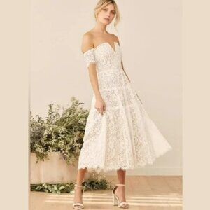Lulus Absolutely Stunning White Lace Off-the-Shoulder Midi Dress Sz M
